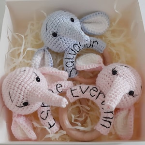 Regalo personalizado para bebés trillizos con forma de elefante, peluches para trillizos, regalo de felicitación para baby shower de trillizos, caja de regalo para embarazo de trillizos
