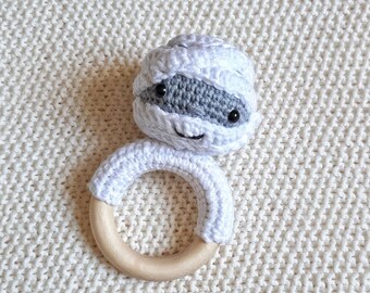 Crochet Mummy Rattle, Halloween Baby Shower Gift, Personalized Spooky Toy