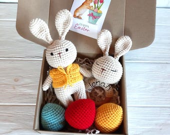 Canastas de Pascua para bebés, juguetes de Pascua para bebés pequeños, regalo de Pascua para niñas, primera canasta de Pascua, sonajero de huevos de ganchillo, conejito de Pascua para bebés.