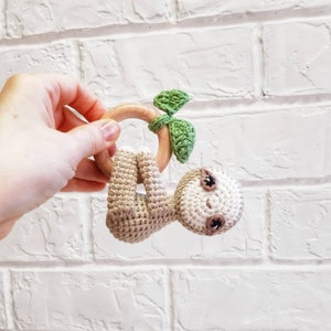 Sloth unique baby gift: crochet sloth rattle, paci clip, newborn crib shoes, birth announcement, jungle baby shower, new mom gift basket image 2