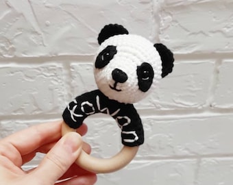 Crochet panda rattle baby announcement, personalized panda baby gift for pregnancy congrats, congratulations baby gift, panda baby shower