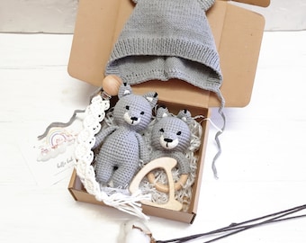 Wolf baby boy gift basket: wolf stuffed animal, crochet wolf rattle, wolf baby bonnet \ wolf nursery, wolf baby shower, first time mom gift