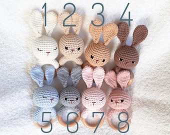 Crochet bunny rattle, first baby rattle rabbit, wooden baby toys, newborn baby shower gift, easter bunny baby gift, baby first toy