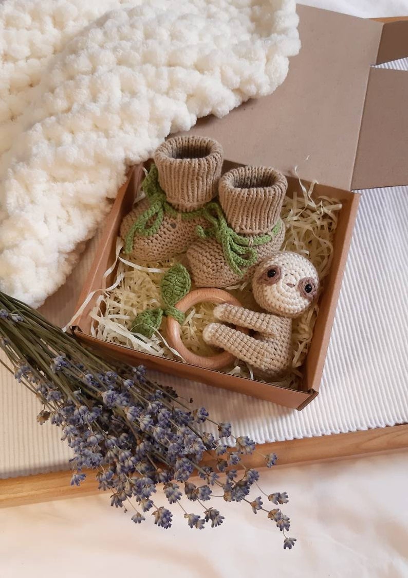 Sloth unique baby gift: crochet sloth rattle, paci clip, newborn crib shoes, birth announcement, jungle baby shower, new mom gift basket Rattle+booties
