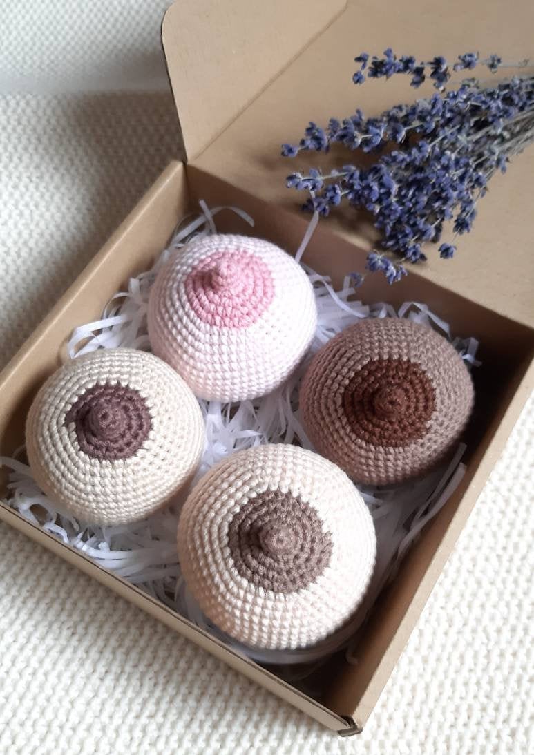 Crochet boob rattle toy, crochet breast, breastfeeding aid, fake boob, health visitor, gynaecologist, antenatal boob model, stuffed boobs