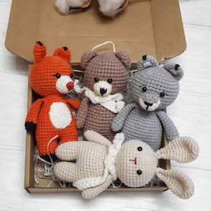 Knit wolf bear fox and rabbit woodland knitted animals set, forest friend animal toys, woodland stuffed toy for toddlers bunny bear fox wolf