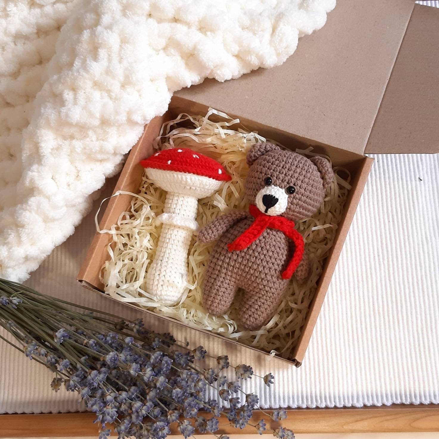 Woodland baby gift: mushroom rattle, brown stuffed bear, crochet bear rattle, postpartum gift, coworker baby gift, goblincore baby gift