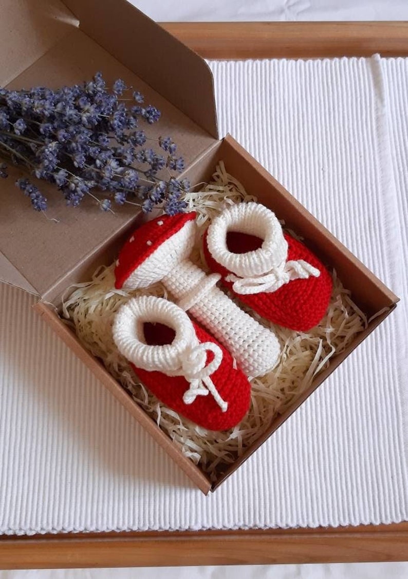 Fly agaric mushroom rattle & santa baby shoes, christmas booties, unique goblincore baby gift, knit rattle and booties, forest baby shower image 1