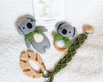 Panier-cadeau bébé Koala : hochet koala personnalisé, jouet bébé koala en tricot / cadeau de félicitations de grossesse pour la première fois maman, cadeau bébé unique