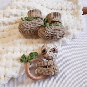 Sloth unique baby gift: crochet sloth rattle, paci clip, newborn crib shoes, birth announcement, jungle baby shower, new mom gift basket image 4