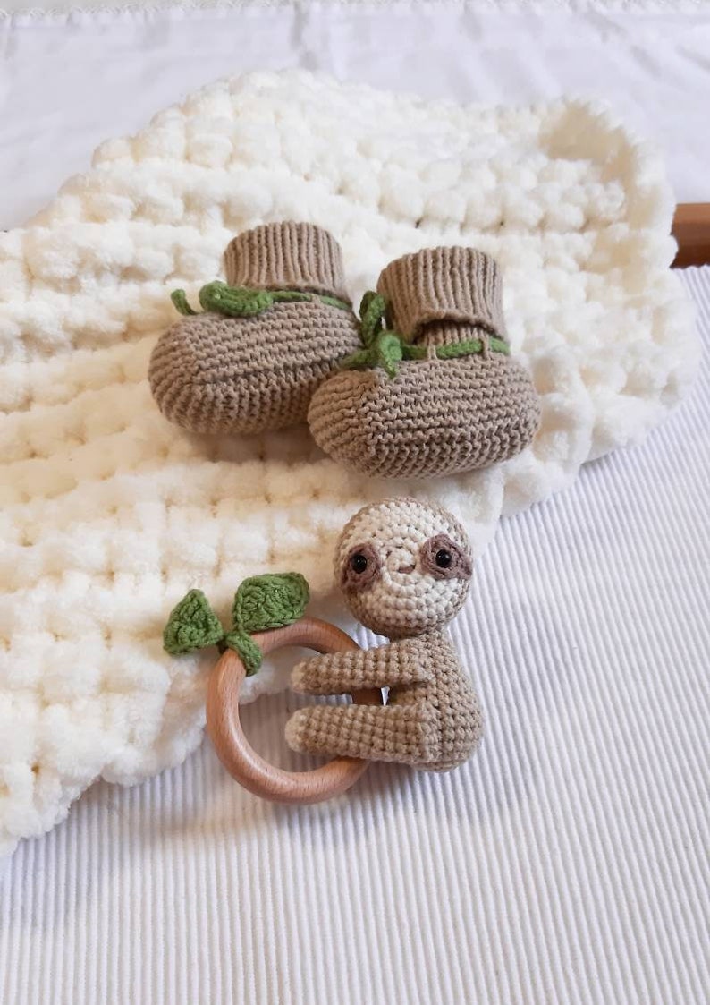 Sloth unique baby gift: crochet sloth rattle, paci clip, newborn crib shoes, birth announcement, jungle baby shower, new mom gift basket image 4