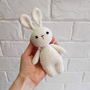 Puede incluir: Un juguete de conejo blanco de crochet con ojos negros y nariz roja. El conejo est&aacute; siendo sostenido en la mano de una persona.