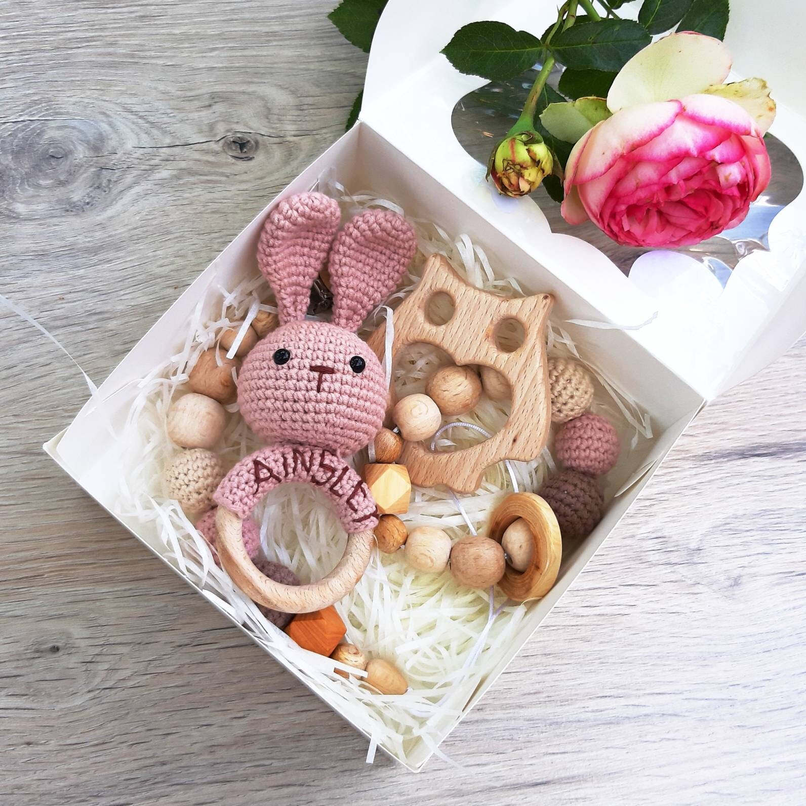 Baby girl bunny gift box Crochet rattle baby gift set Natural Etsy