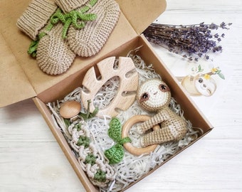Sloth unique baby gift: crochet sloth rattle, paci clip, newborn crib shoes, birth announcement, jungle baby shower, new mom gift basket