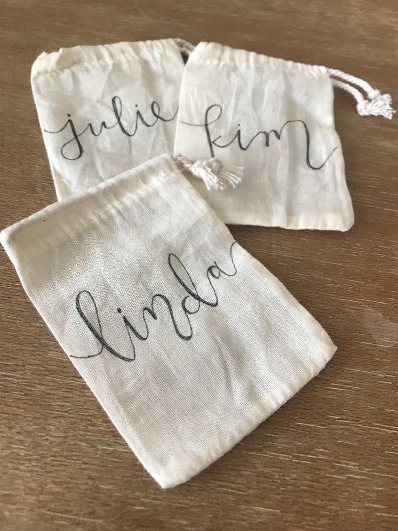 Personalized Hand Lettered Linen Favor Bags Jewelry image 0