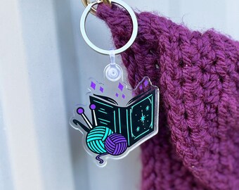 Yarn and Books Bag Charm, Cool Keychain for Book Nerds and Yarn Lovers, Unique New Home Gift for Knitter or Crocheter