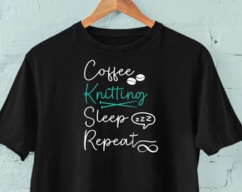 Coffee and Knitting Graphic Tee, Crochet Lovers Shirt, Funny Crafter Tshirt, Custom Black T-shirt Size XS - XL 2XL 3XL 4XL 5XL Free Shipping