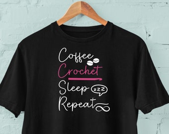 Coffee and Crochet T-shirt, Women's Graphic Tee for Knitter, Plus Size Clothing Unisex Black Shirt XS - XL 2XL 3XL 4XL 5XL Free Shipping