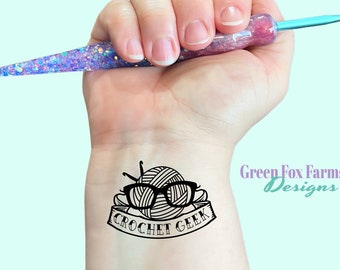 Crochet Geek Temp Tattoo, Cute Temporary Tattoos for Women who Love Yarn, Funny Knitting Nerd Fake Tattoo
