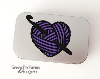 Yarn Lovers Tin, Crocheter Gift, Notions Case, Stitch Marker Keeper, Craft Storage Box, Gift for Knitter, Small Storage Tin