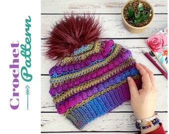 Slouchy Beanie Crochet Pattern, Crochet Bobbles Hat, Colorscape Beanie Pattern, Child Hat Pattern, Womens Winter Hat, Digital Download ONLY