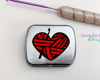Crocheter Mini Notions Tin, Small Progress Keeper Case, Custom Heart Yarn Storage Box for Knitter