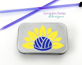 Custom Sunflower Yarn Notions Tin with Hinged Lid, Stitch Marker Box. Custom Vinyl, Crochet Tin, Knit Tin for Craft