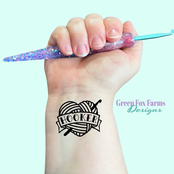 Hooker Temporary Tattoo, Cute Fake Tattoos for Crocheters and Knitter, Heart Yarn Wrist or Ankle Tattoos for Women