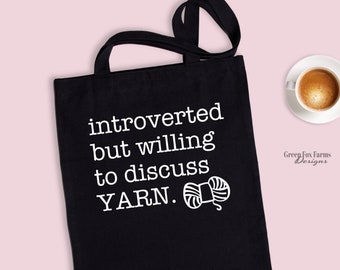 Funny Introvert Project Bag, Custom Funny Tote Bag for Knitter or Crocheter, Reusable Black Canvas Shoulder Bag for Crafters