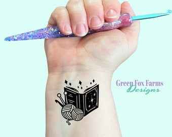 Books and Yarn Tattoo, Magickal Temporary Tattoo for Book Lovers, Cute Body Art for Crocheters and Knitters, Bookish Gift Ideas