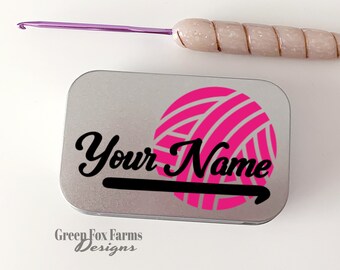 PERSONALIZED Tin Crochet Case, Custom Notions Case, Grandma gift, Knitting Notions Tin, Yarn Lover Gift, Progress Marker Box