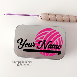 PERSONALIZED Tin Crochet Case, Custom Notions Case, Grandma gift, Knitting Notions Tin, Yarn Lover Gift, Progress Marker Box