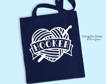 Hooker Tattoo Crochet Project Bag, Custom Funny Tote Bag for Knitter or Crocheter, Reusable Black Canvas Shoulder Bag for Crafters