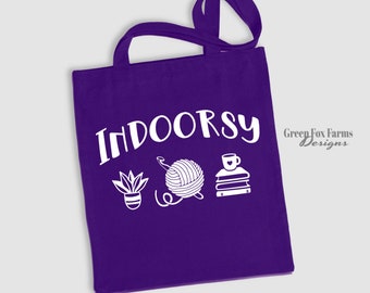 Indoorsy Crochet Project Bag, Custom Funny Tote Bag for Knitter or Crocheter. Introvert Reusable Black Canvas Shoulder Bag for Crafters