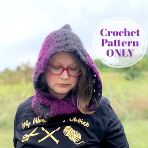 May include: A woman wearing a purple and black hooded cowl with a crochet pattern. The cowl is made with a gradient yarn. The text "Crochet Pattern ONLY" is visible in the image.