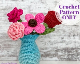 Flowers Crochet Pattern, Amigrumi Pattern Flowers and Vase, Crochet Daisy, Rose, Tulip, Carnation Pattern, Digital Download ONLY