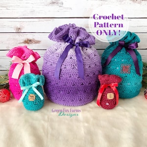 May include: Crochet pattern for a set of four gift bags. The bags are in various colors, including purple, pink, teal, and red. Each bag has a ribbon tied around it and a small wooden tag with a festive message.