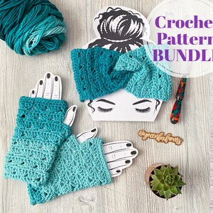 May include: A crochet pattern bundle featuring a headband and fingerless gloves in a teal and turquoise ombre color scheme. The pattern is available for download. @greenfoxfarms
