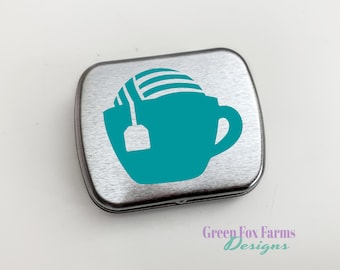 Tea and Yarn Mini Tin, Small Notions Case, Stitch Marker Tin, Crafter Storage Box, Yarn Lovers Case