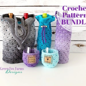 Pattern Bundle, Wine Lovers Gift, Wine Bottle Tote Wine Glass Cozy Crochet Patterns, Wine Gift Bag, Mason Jar Cover Digital Download