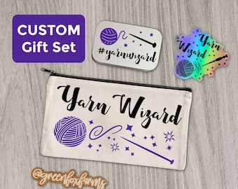 Yarn Wizard Gift Set, Gifts for Knitters, Crochet Hook Pouch, Knitting Notions Tin, Holographic Decal, Gift for Grandma