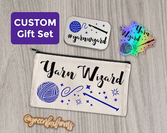 Yarn Wizard Gift Set. Includes Gifts for Knitters or Crocheter Gift! Crochet Hook Pouch, Knitting Notions Tin, and Holo Sticker