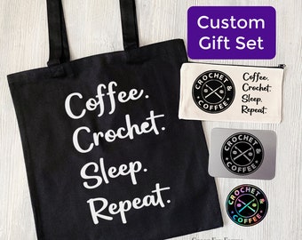 Coffee and Crochet Tote Bag Set, Crocheter Gift Set, Yarn Project Bag, Crochet Hook Bag Zipper Pouch, Crafter Notions Tin