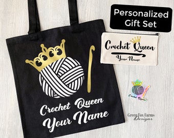 PERSONALIZED Crochet Queen Yarn Tote Bag Set, Crochet Project Bag, Yarn Zipper Pouch, Crafter Notions Bag, Crocheter Gift Set