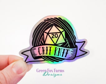 Crit Knit Holographic Sticker, Funny Dice Lover Sticker with Yarn, Magic & Dice. Dnd RPTTG Games and Crochet Knitter Gift Idea. Crit Hit