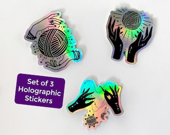 Aesthetic Sticker Set, Yarn Magic Decal Set of 3 Vinyl Stickers, Holographic Decal, Knit Crochet Gift, Vinyl Laptop Stickers