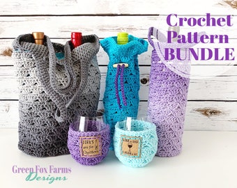 Pattern Bundle, Wine Lovers Gift, Wine Bottle Tote Wine Glass Cozy Crochet Patterns, Wine Gift Bag, Mason Jar Cover Digital Download