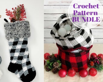 Buffalo Plaid Pattern Bundle, Crochet Pattern Set, Farmhouse Plaid Basket Rustic Christmas Stockings, Digital Download ONLY