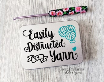 Easily Distracted by Yarn XL Tin, Funny Notions Storage for Knitter or Crocheter, Large Notions Case for Yarn Lover