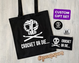 Crochet or Die Gift Set, Edgy Project Tote Bag for Knitter or Crocheter, Older Emo Crochet Hook Pouch Notions Tin Custom Set